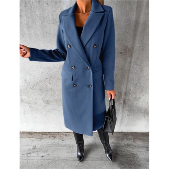 Womens Long Wool Coat Double Breasted Trench Coat Blue - Picture 4 of 4